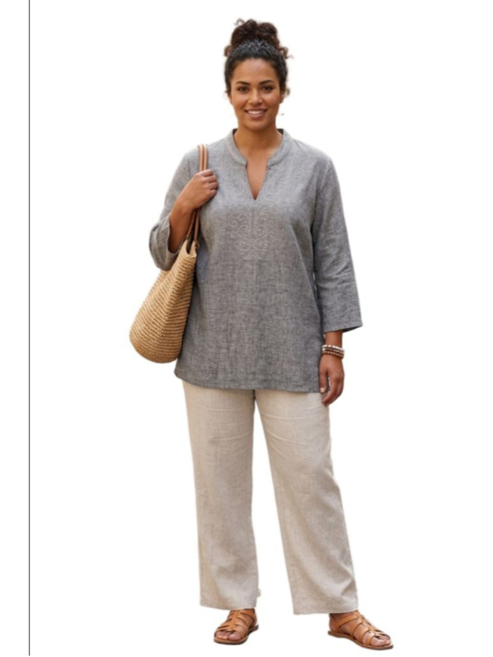 Women's JM Collection Gray Tunic Top with Silver Embellishments 100% Linen, XL